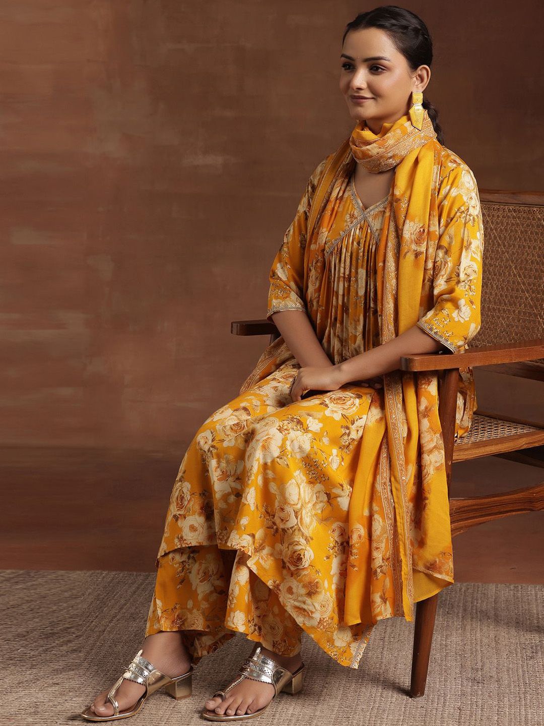 Libas Floral Printed Empire Sequinned A-Line Kurta With Palazzo & Dupatta