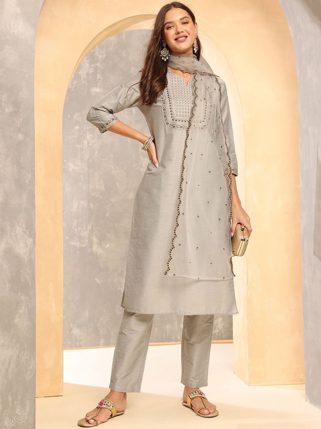 Anouk Grey Floral Embroidered Sequinned Straight Kurta With Trousers & Dupatta