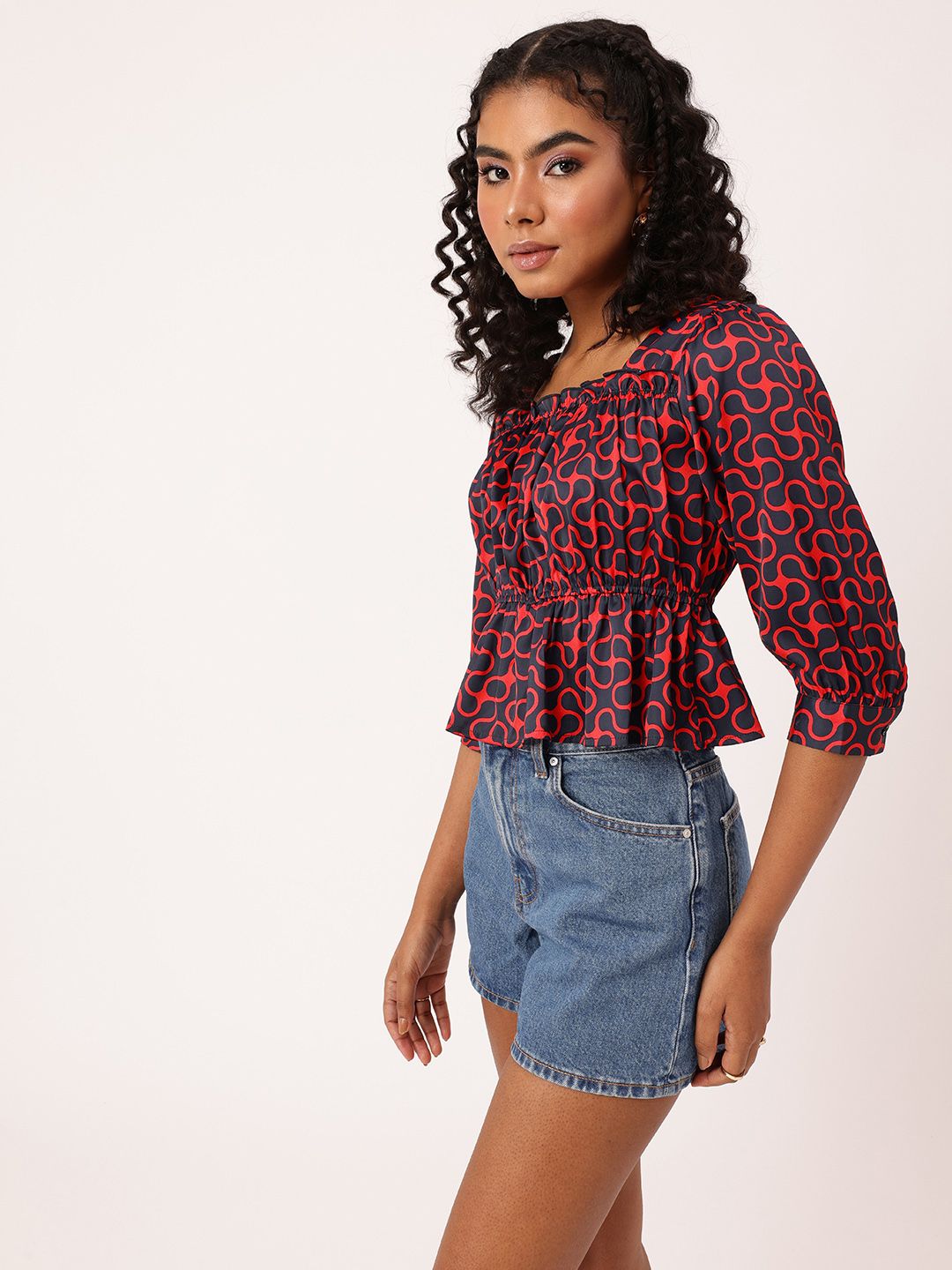 DressBerry Abstract Adventure Puff Sleeve A-Line Top