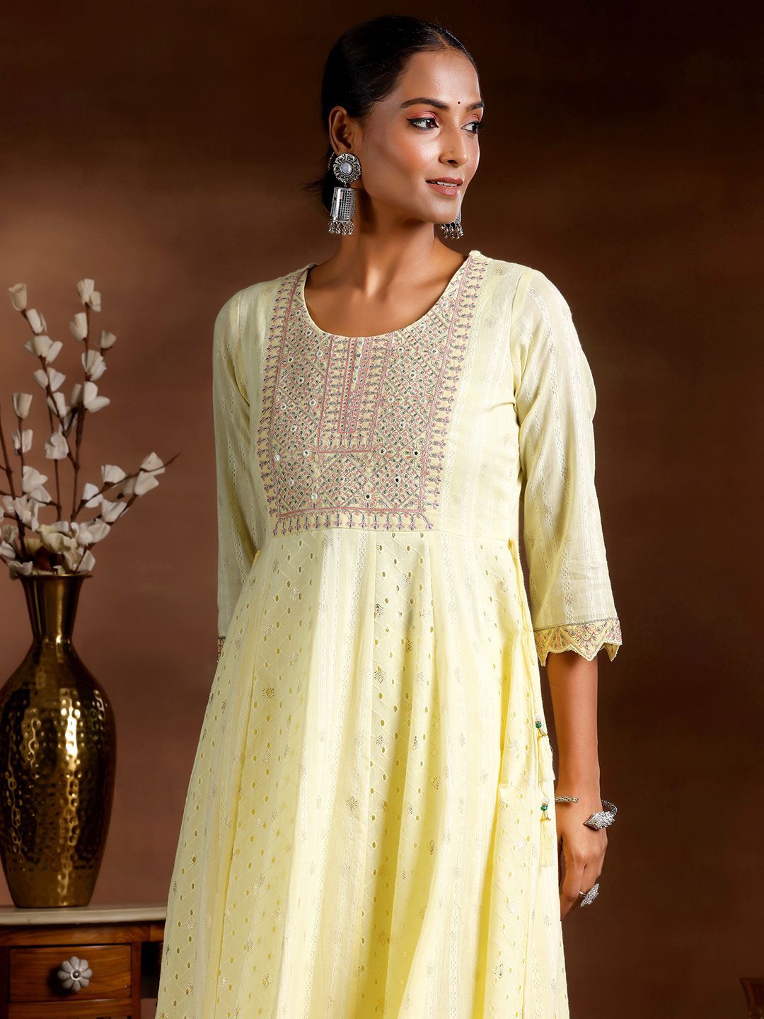 Libas Ethnic Motif Embroidered Sequinned Pure Cotton Anarkali Kurta With Trouser & Dupatta