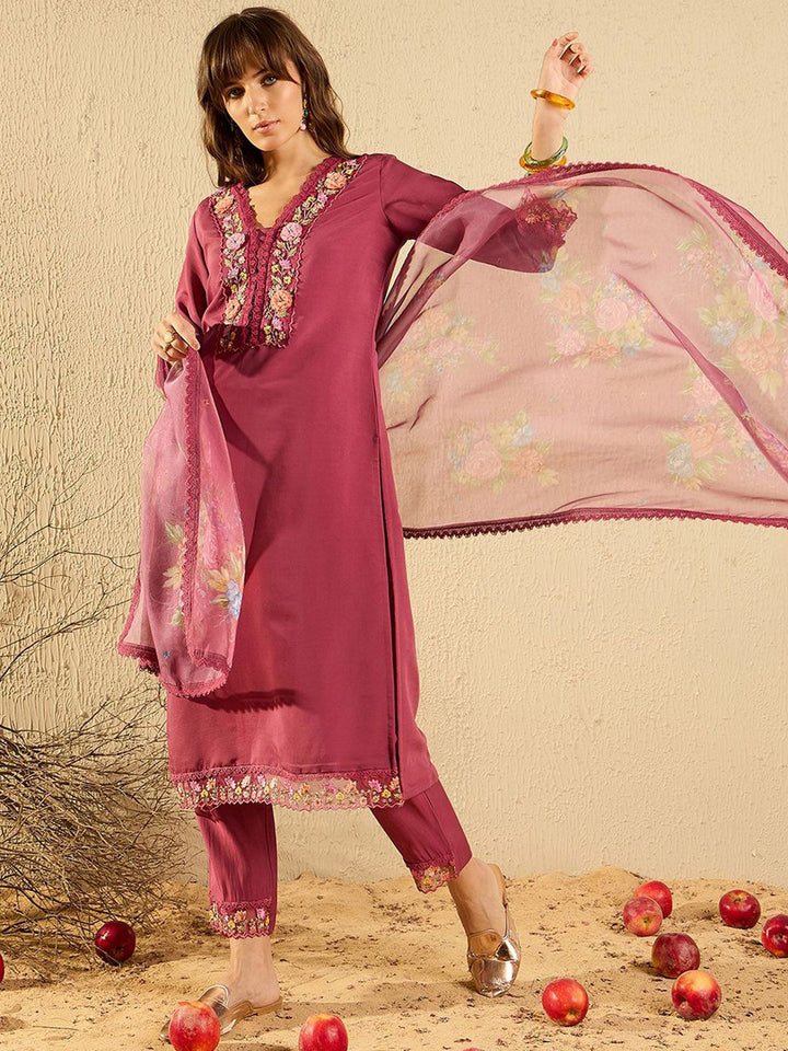 Indo Era Women Floral Yoke Design Regular Thread Work Kurta with Trousers & With Dupatta