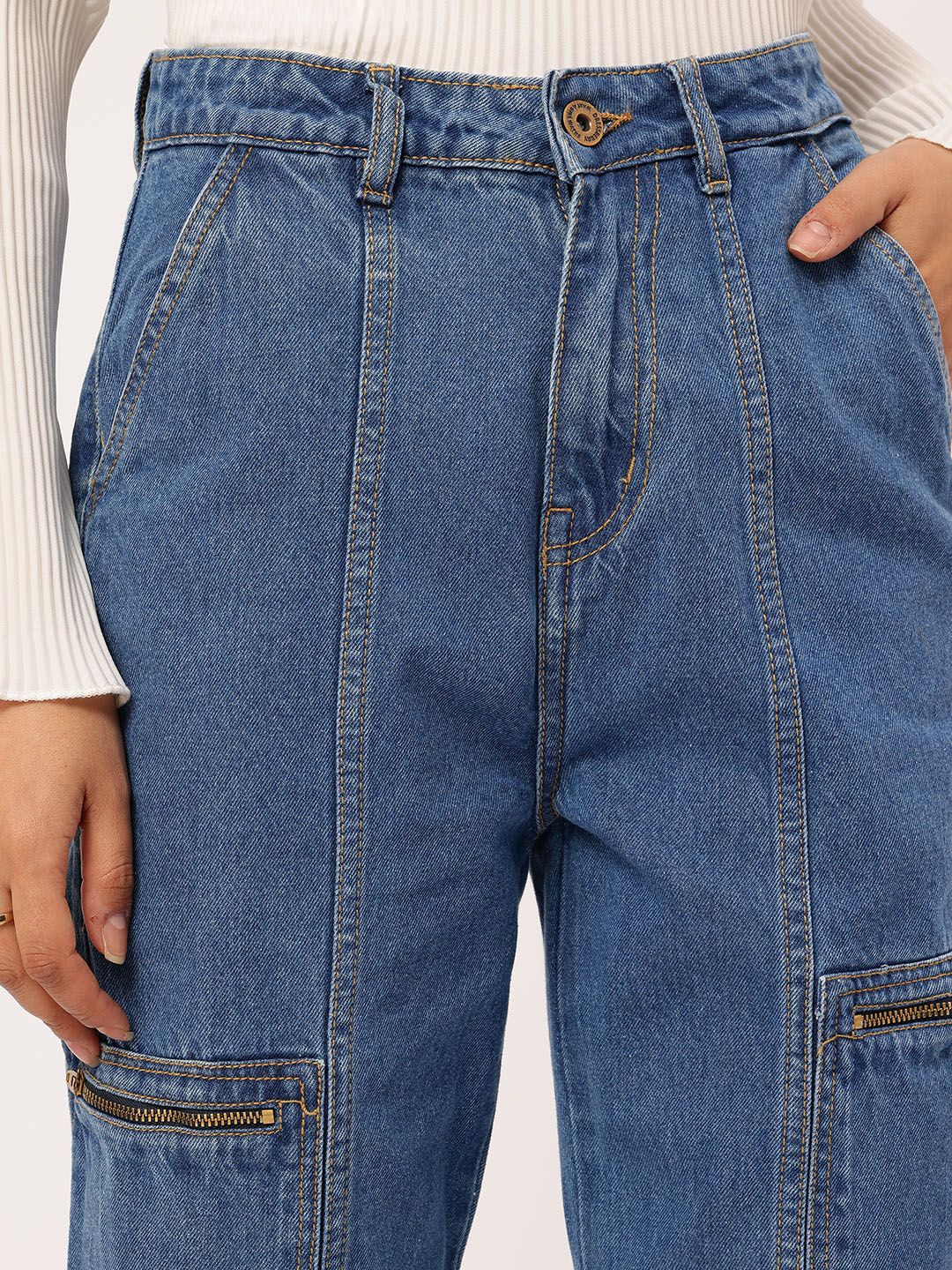 DressBerry Women Classic Panelled Straight Fit Cargo Style Jeans