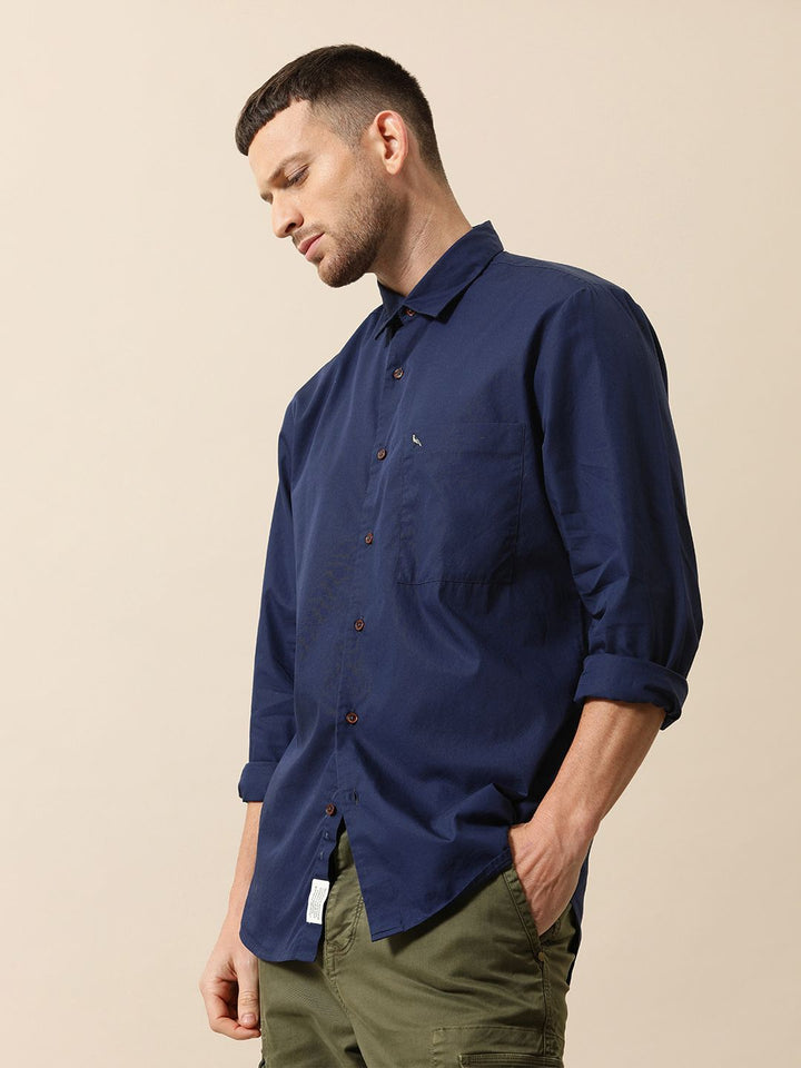 Mr Bowerbird Men Navy Blue Solid Tailored Fit Casual Shirt