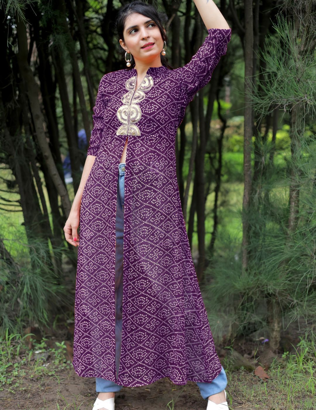 KALINI Bandhani Printed Mandarin Collar Sequins Front Slit Georgette A-Line Kurta