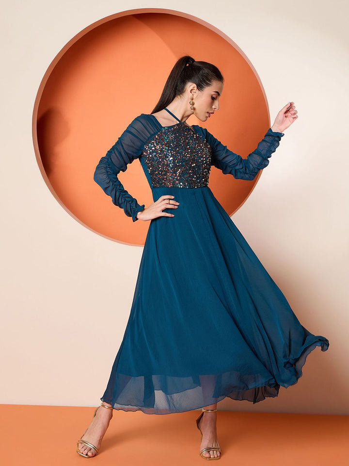 Antheaa Women Halter Neck Sequined Embellished Maxi Dress