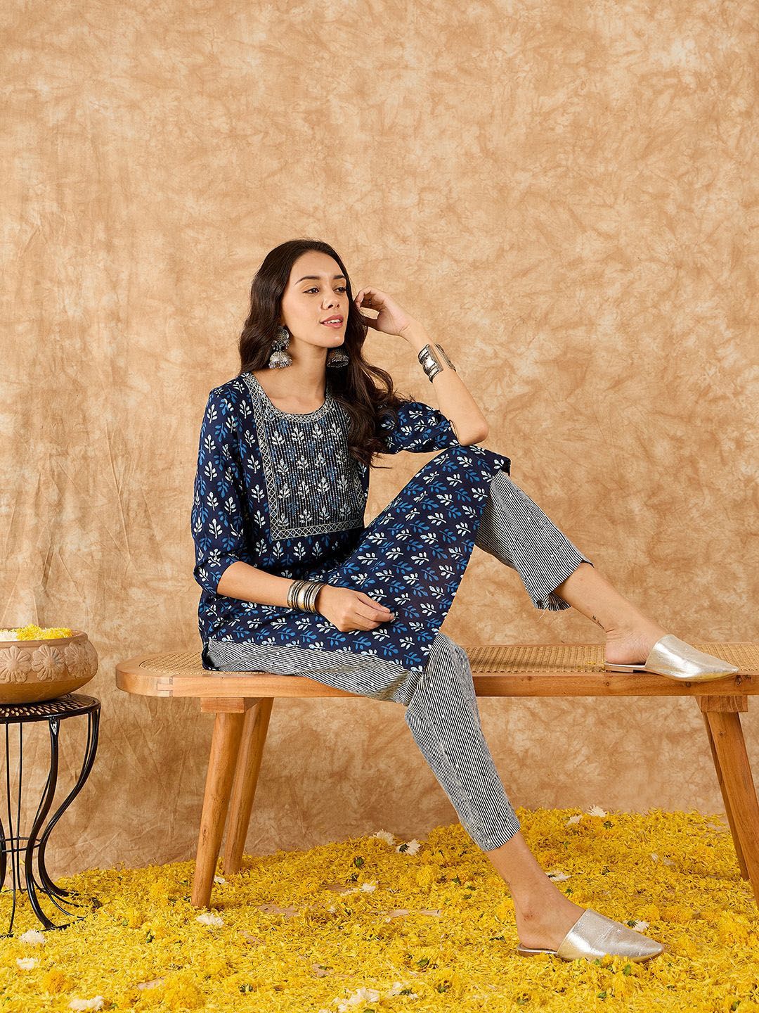 Indo Era Ethnic Motifs Printed Straight Sequinned Kurta with Trousers