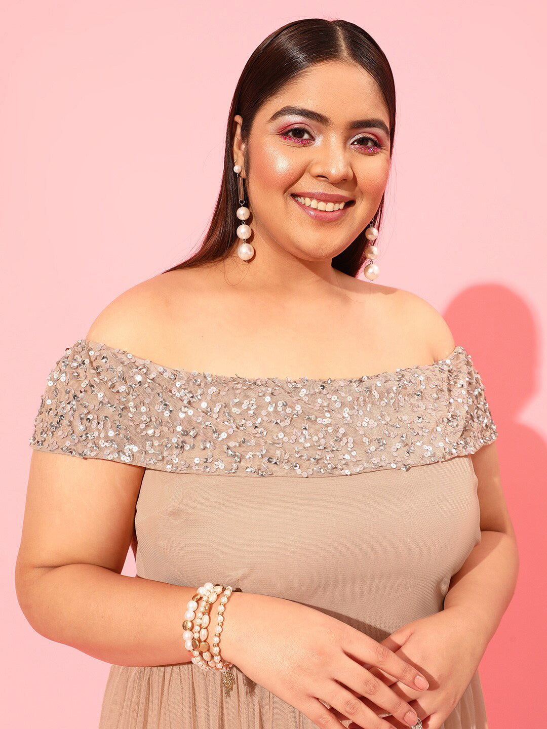 CURVY STREET Peach Plus Size Embellished Net Dress