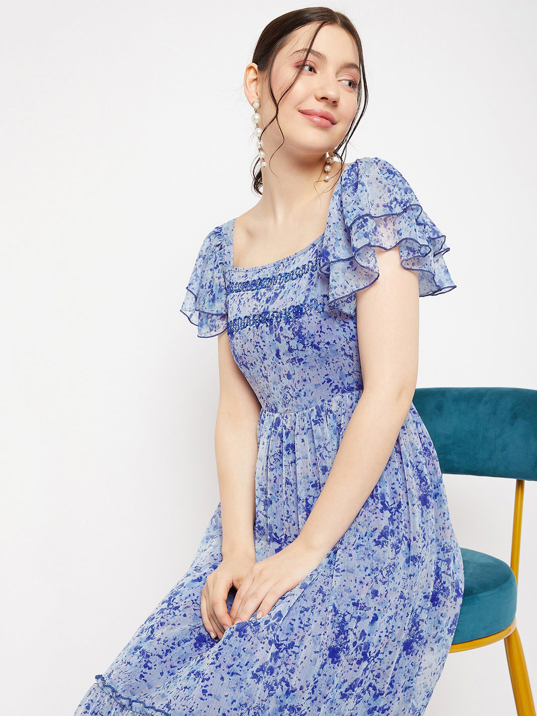 Antheaa Square Neck Abstract Printed Tiered Embellished Chiffon Fit & Flare Midi Dress