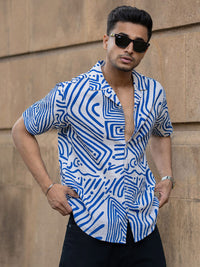 Powerlook Men Cuban Collar Abstract Printed Casual Shirt