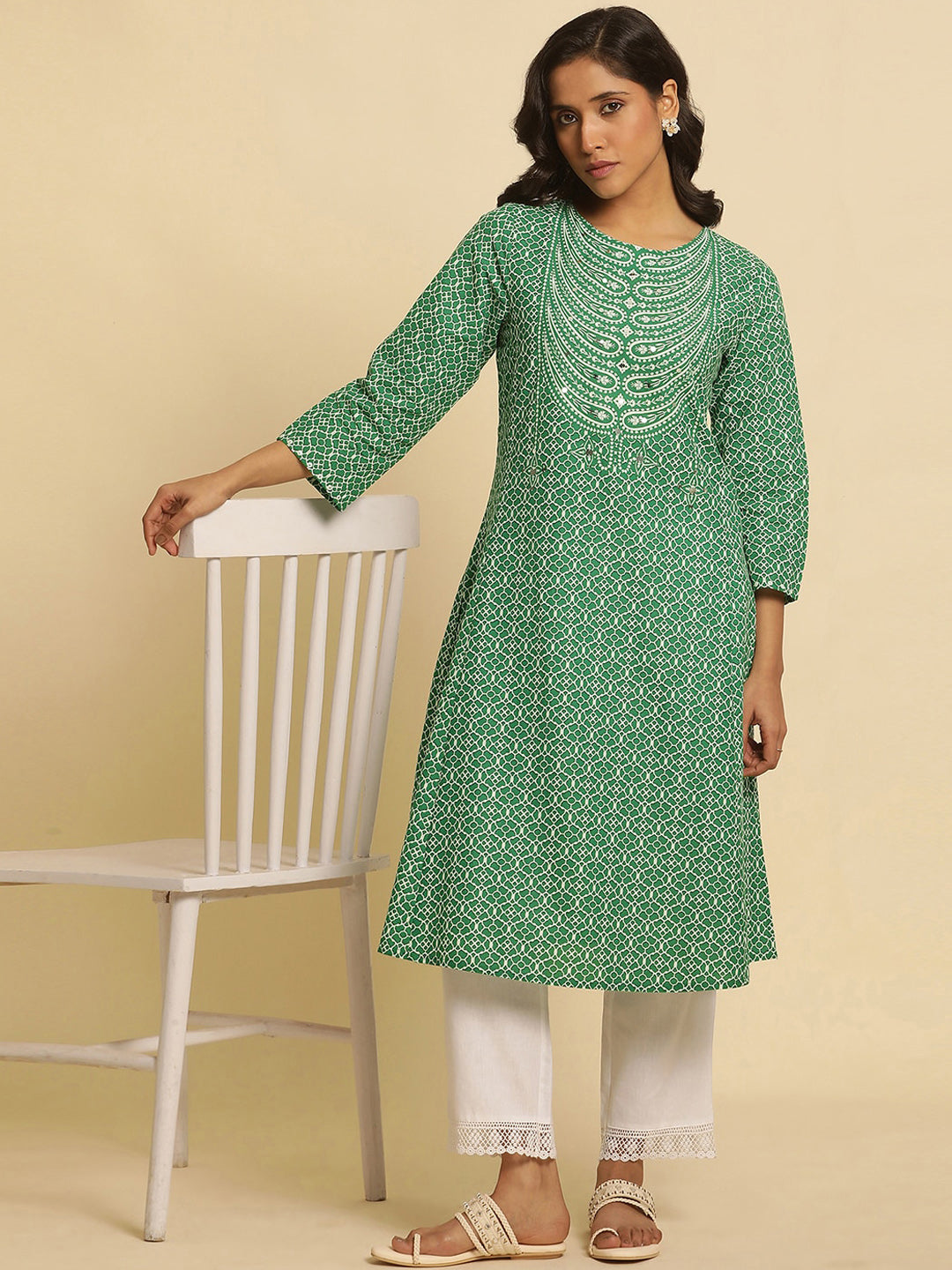 Motif etnik dicetak kapas tulen a-line kurta