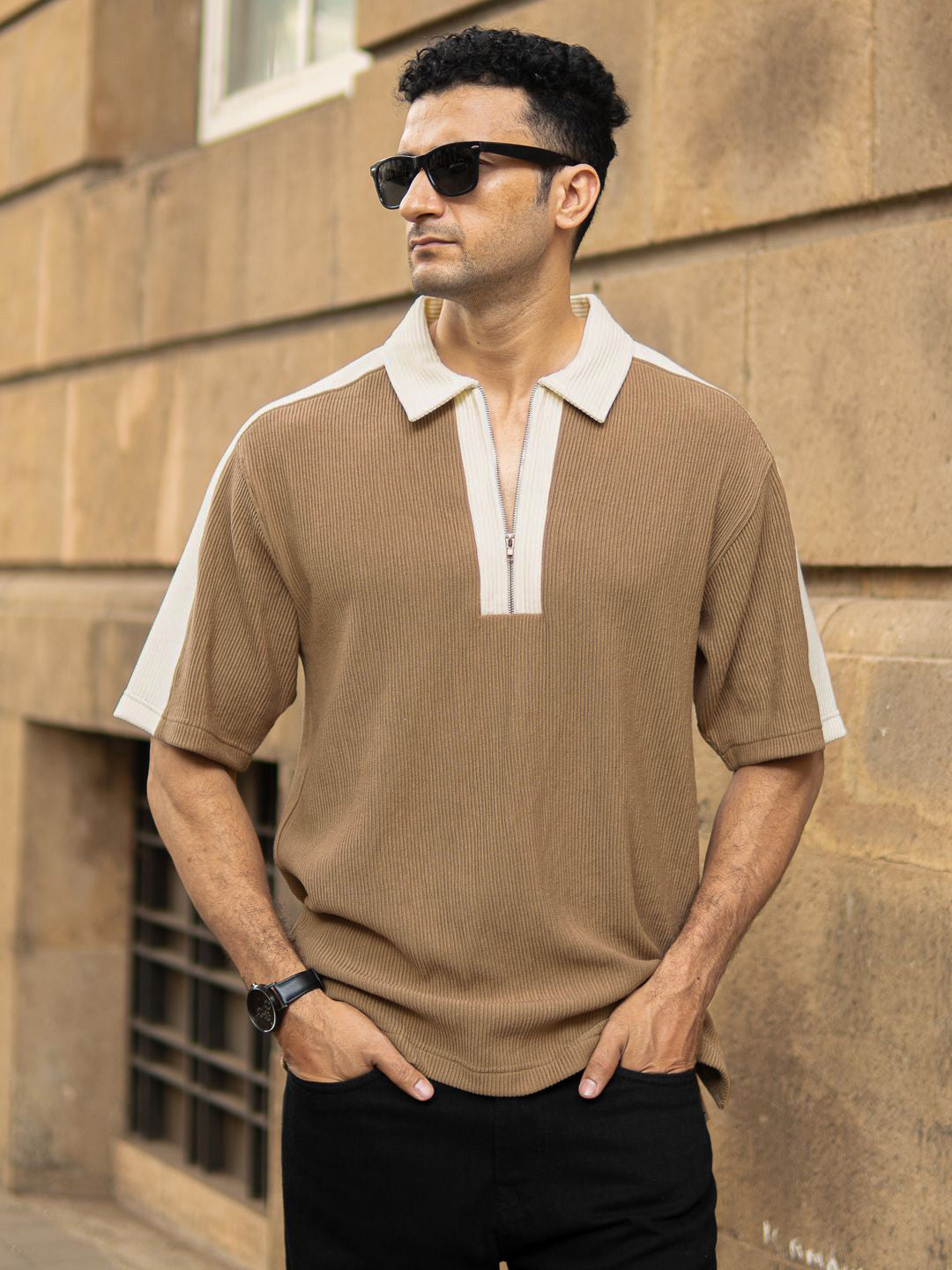 Powerlook Men Polo Collar Drop-Shoulder Sleeves Oversized T-shirt