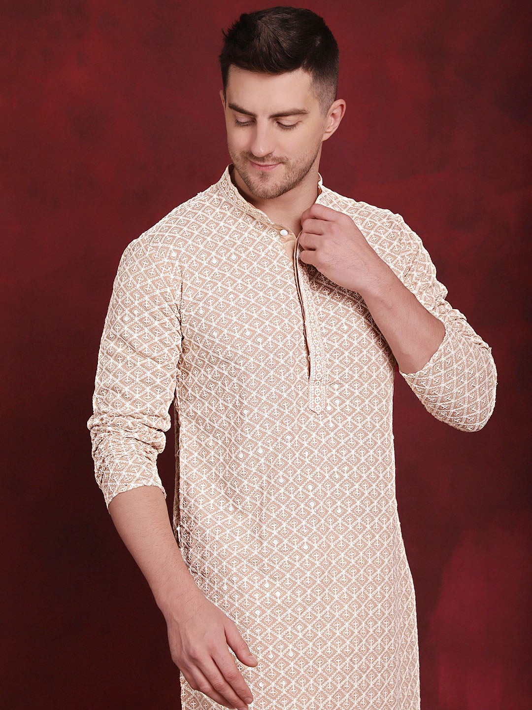 Jompers Geometric Self Design Thread Work Pure Cotton Kurta With Pyjamas