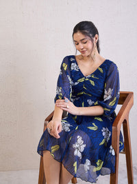 Antheaa Women Floral Print V-Neck Puff Sleeves Chiffon Knee Length Empire Dress