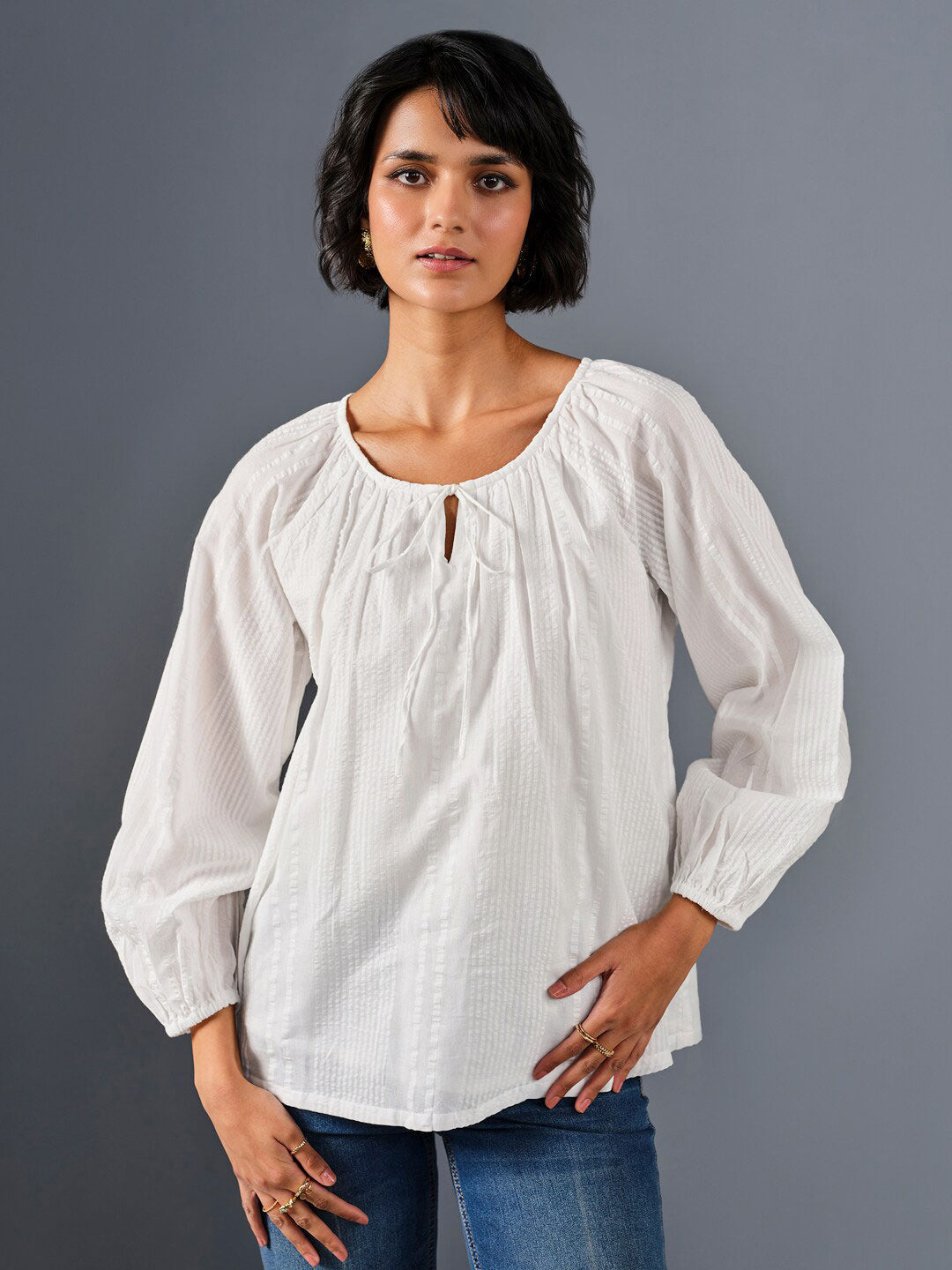 AND Tie-Up Neck Puff Sleeve Pure Cotton A-Line Top