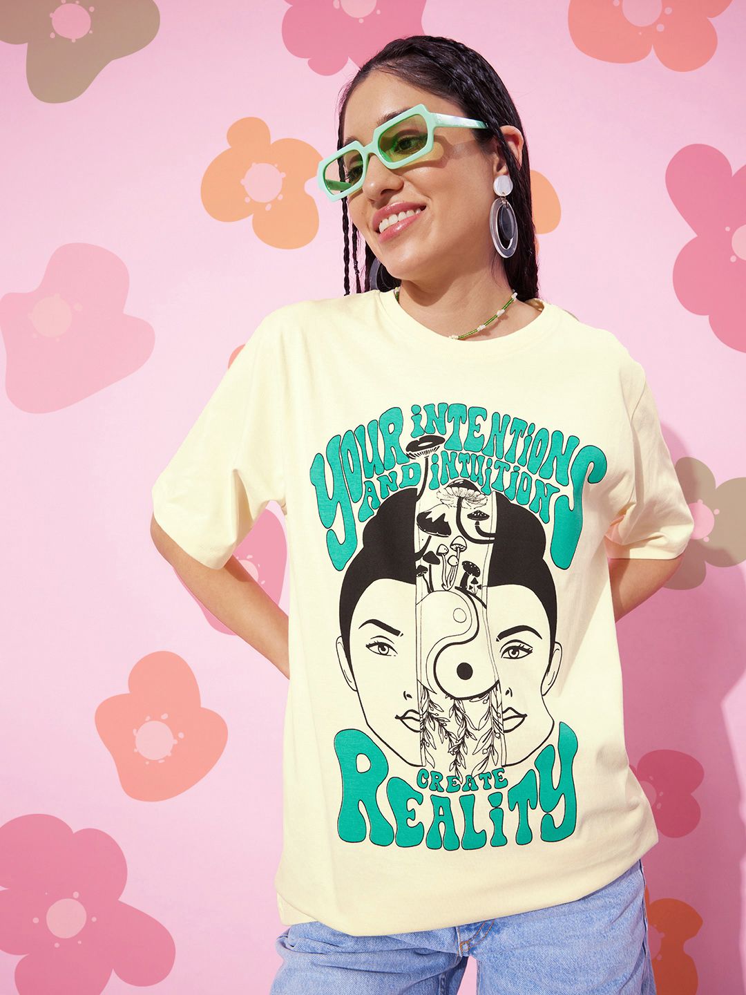 DILLINGER Off White & Green Printed Oversized Pure Cotton Longline T-shirt