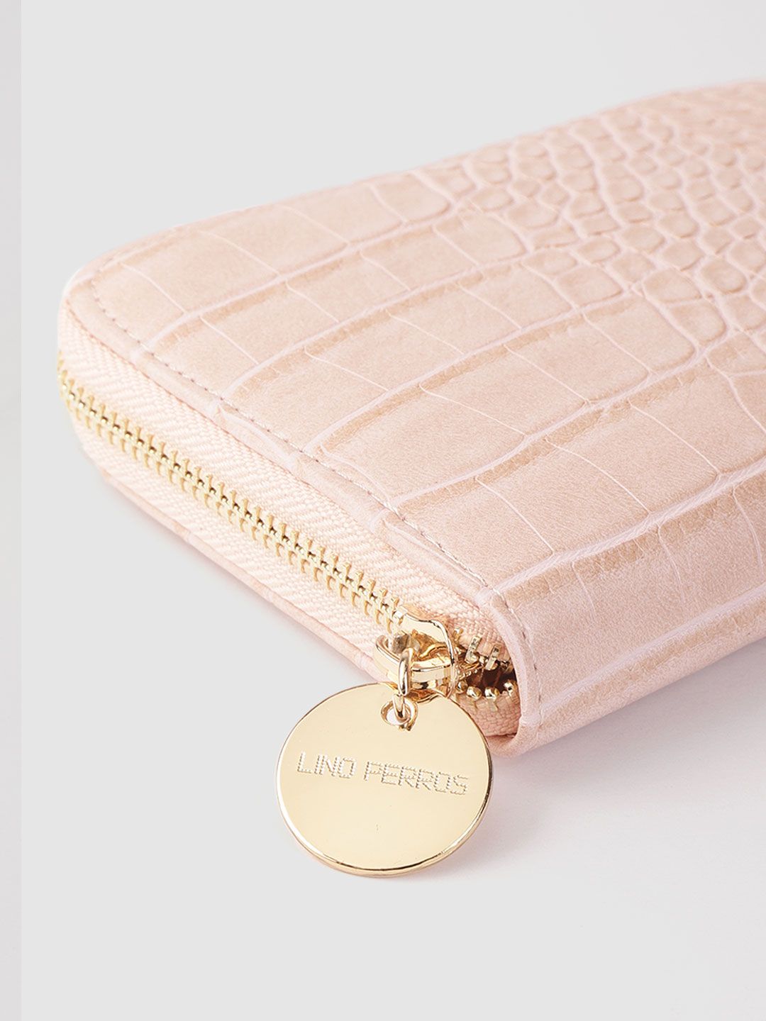 Lino Perros Women Peach-Coloured Croc-Textured Zip Around Wallet