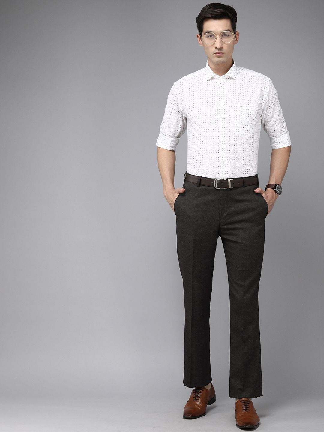 Park Avenue Men Grey Self Designed Mid Rise Smart Formal Trousers