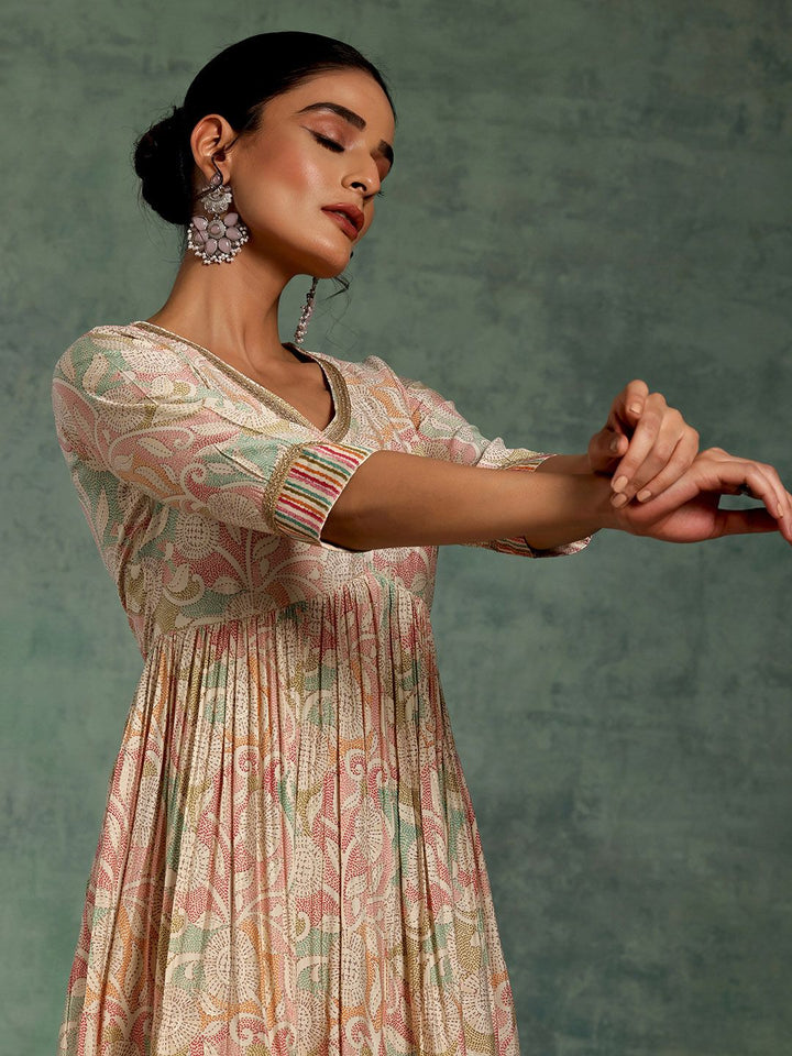 Libas Beige Floral Printed Gotta Patti Pleated A-Line Kurta with Palazzos