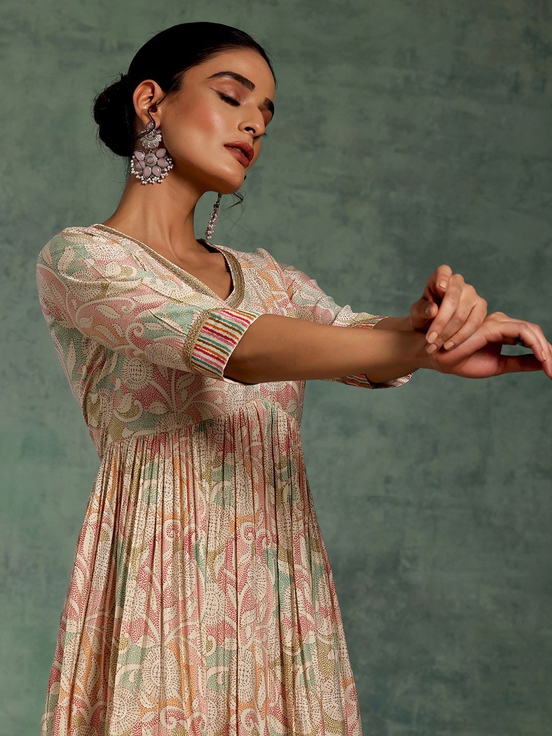 Libas Beige Floral Printed Gotta Patti Pleated A-Line Kurta with Palazzos