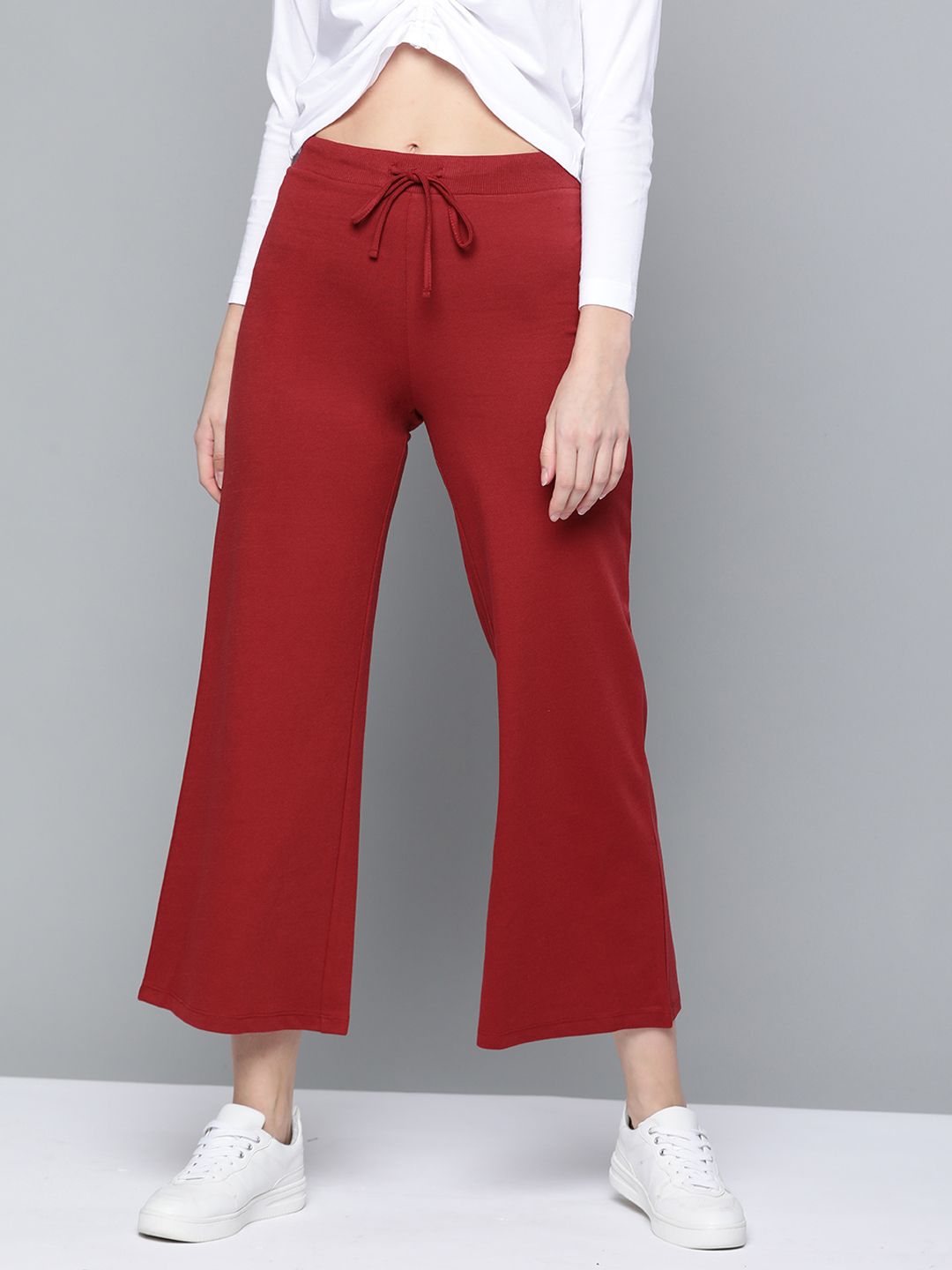 SASSAFRAS Women Red Solid High-Rise Cropped Wide Leg Track Pants