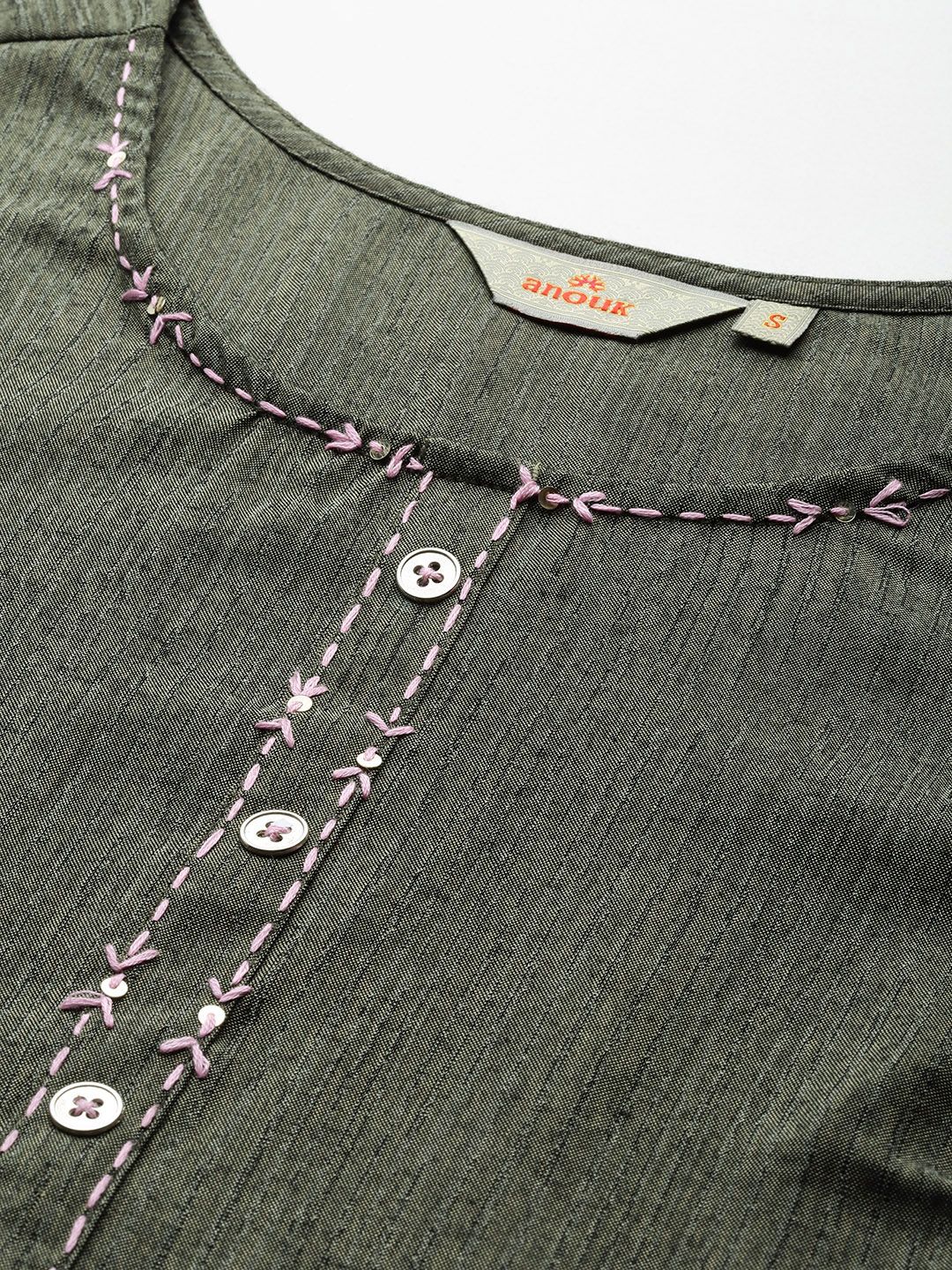 Anouk Thread Work Detail Calf Length Straight Kurta with Mock Buttons