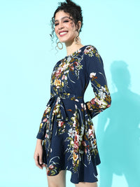 Berrylush Women Navy Blue Floral Self Belted Mini Fit & Flare Dress