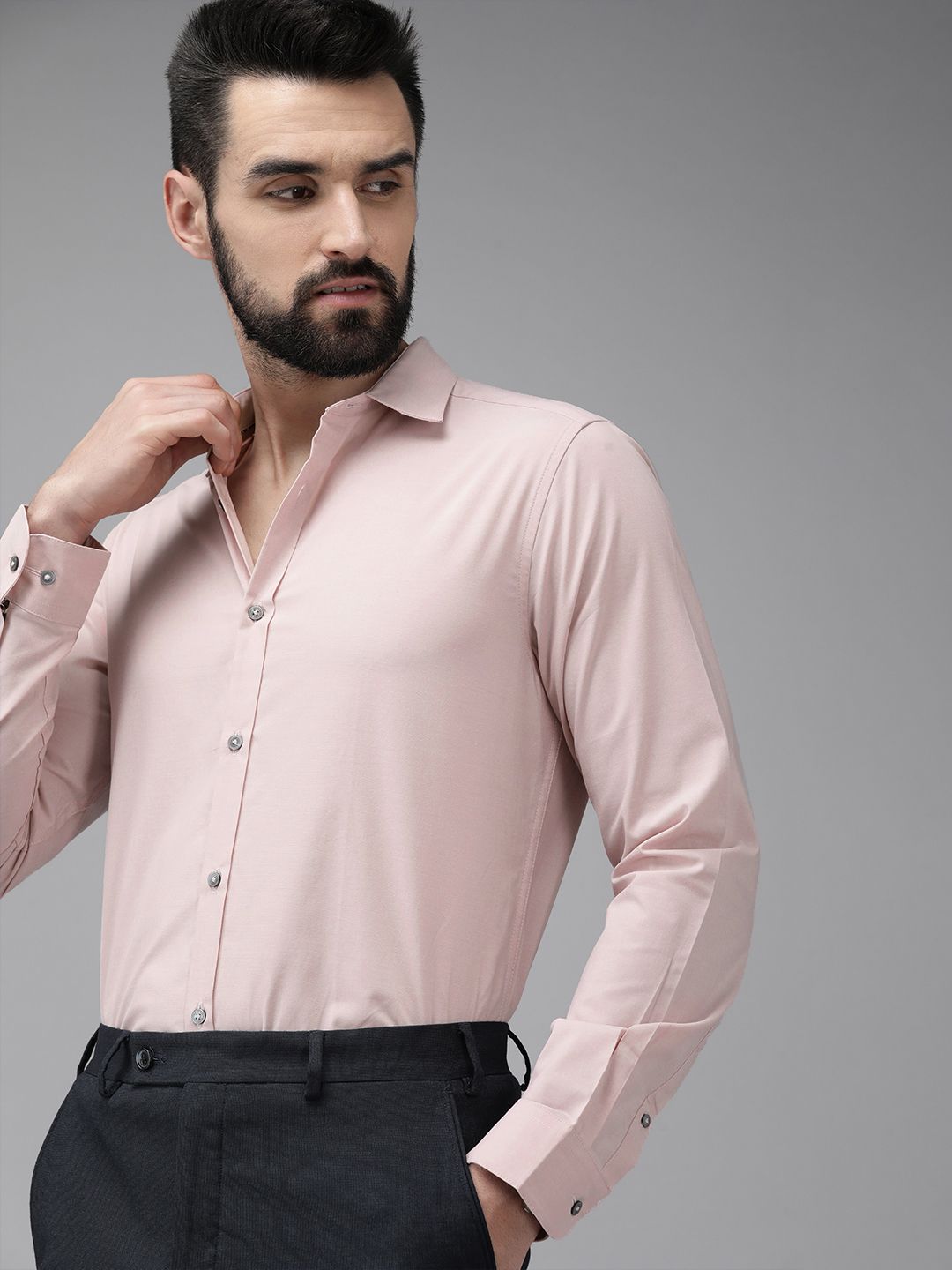 THE BEAR HOUSE Men Dusty Pink Solid Slim Fit Cotton Formal Shirt