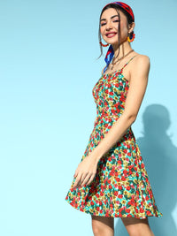Berrylush Red & Green Floral Printed Crepe A-Line Dress