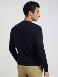 Raymond Men Navy Blue Solid Cable Knit Pullover