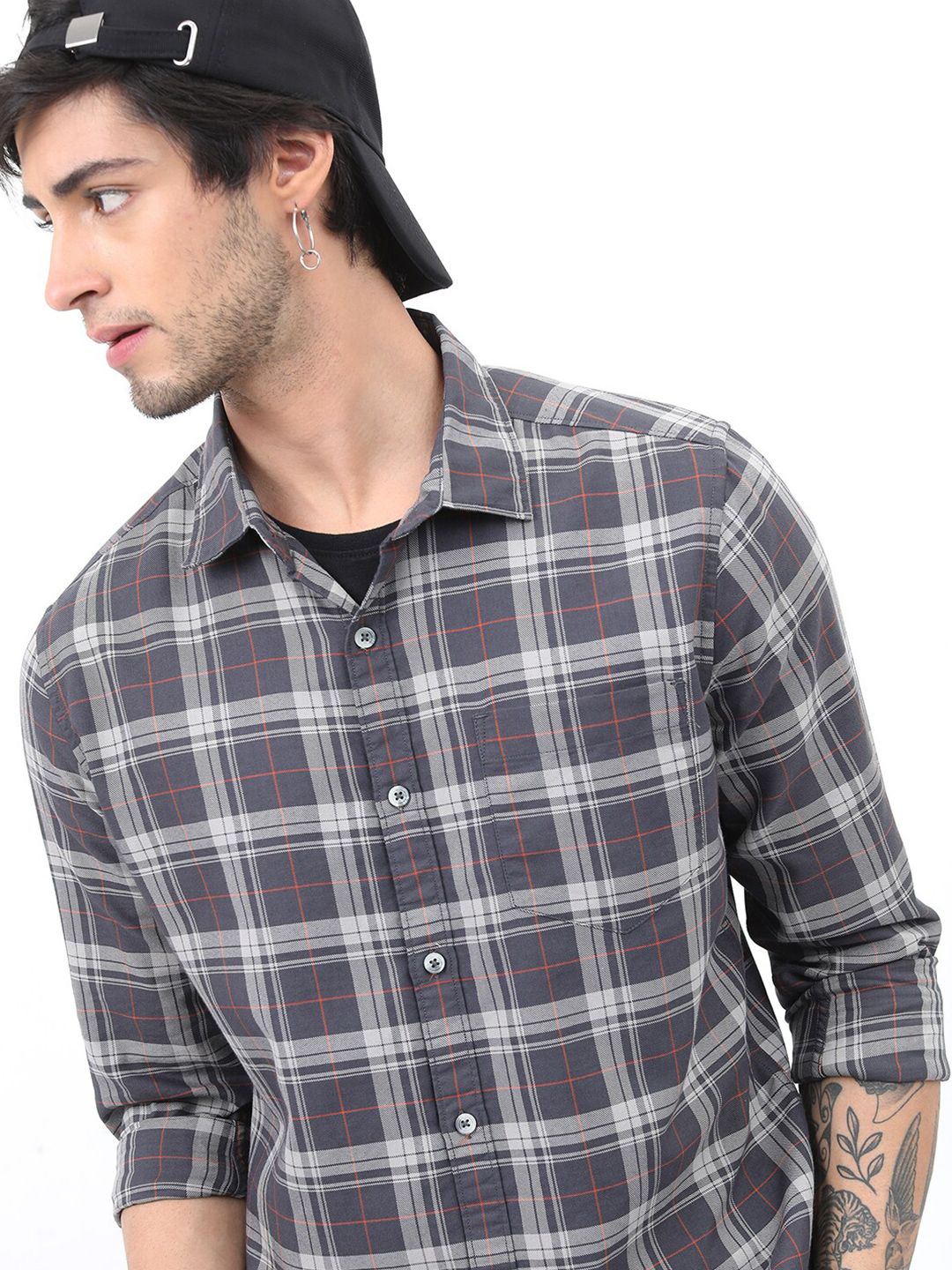 HIGHLANDER Men Grey Slim Fit Tartan Checks Checked Casual Shirt