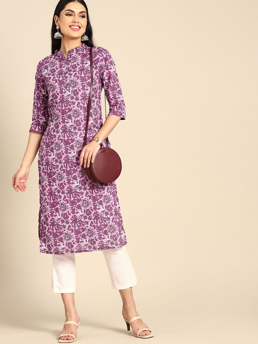 Anouk Women Purple & White Pure Cotton Ethnic Motifs Printed Kurta