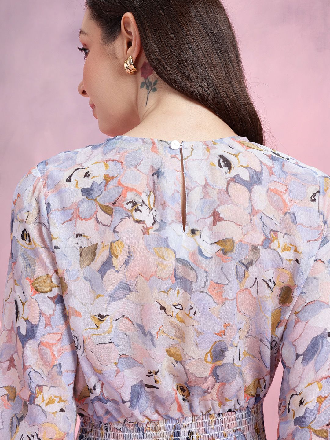 DressBerry Floral Print Smocked Detail Puff Sleeves Blouson Top