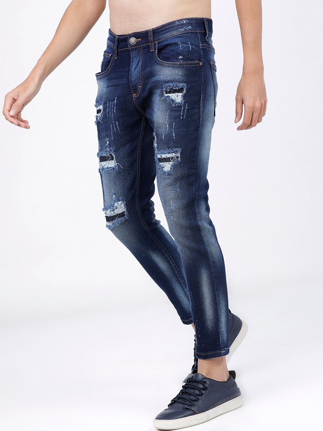 HIGHLANDER Men Blue Tapered Fit Mildly Distressed Heavy Fade Jeans