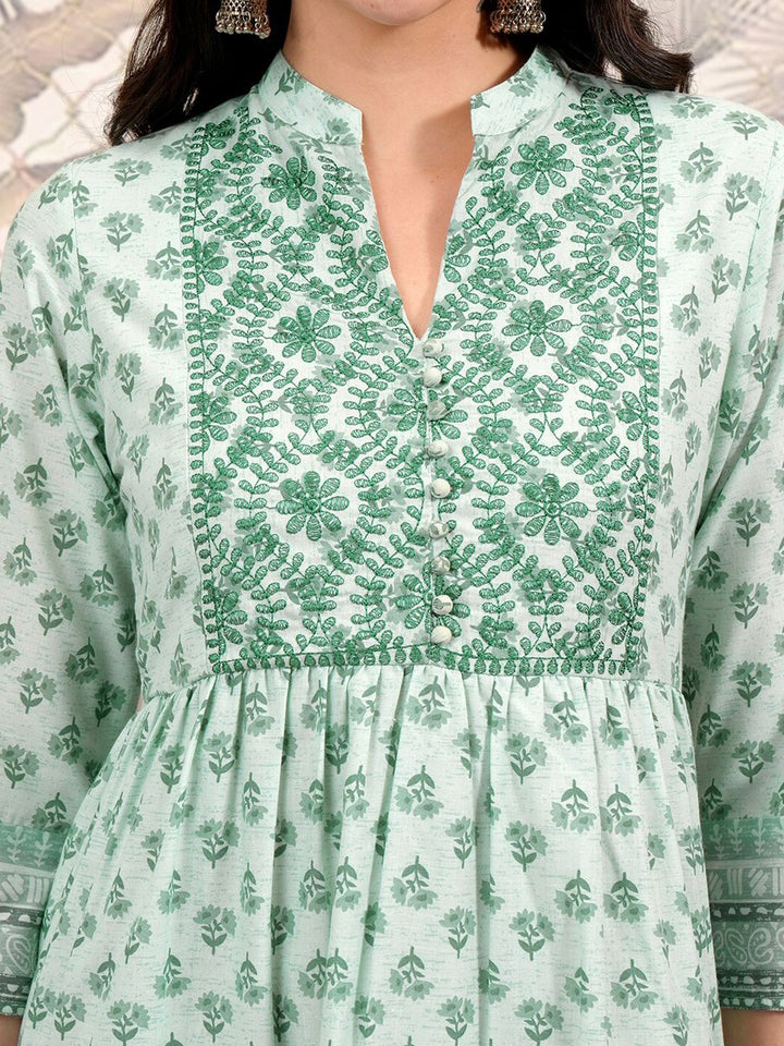 Vishudh Green Floral Printed Mandarin Collar Embroidered Tiered Fit & Flare Ethnic Dress