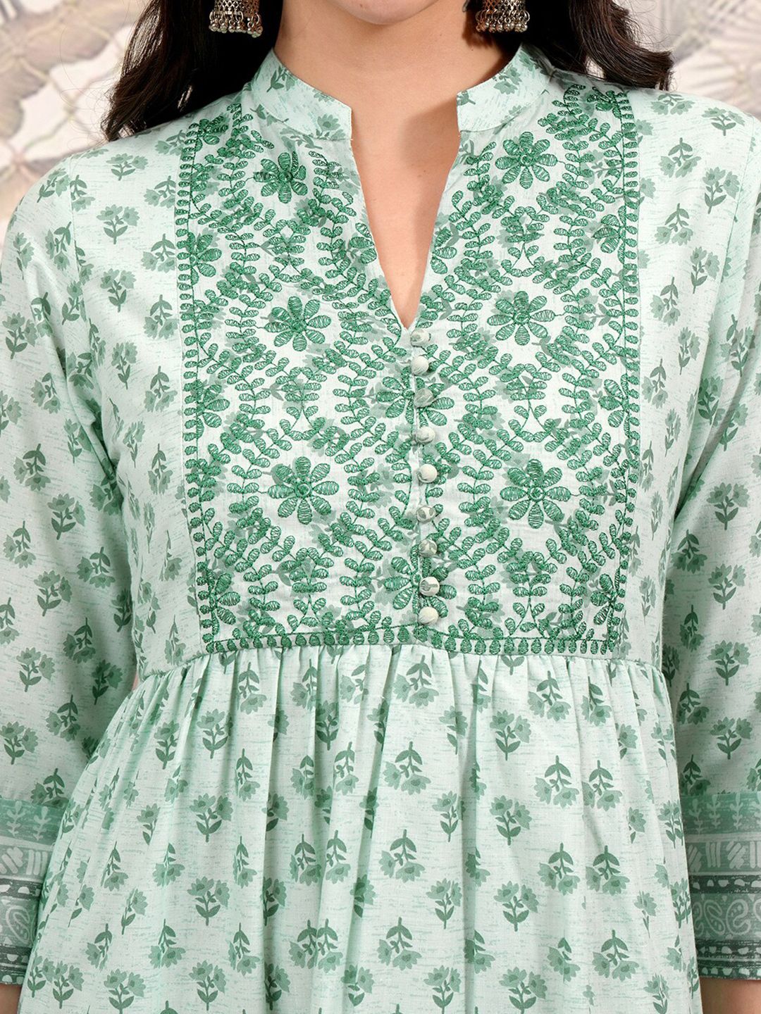 Vishudh Green Floral Printed Mandarin Collar Embroidered Tiered Fit & Flare Ethnic Dress