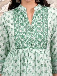 Vishudh Green Floral Printed Mandarin Collar Embroidered Tiered Fit & Flare Ethnic Dress