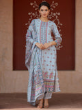 Libas Blue Floral Printed Keyhole Neck Straight Kurta With Salwar & Dupatta