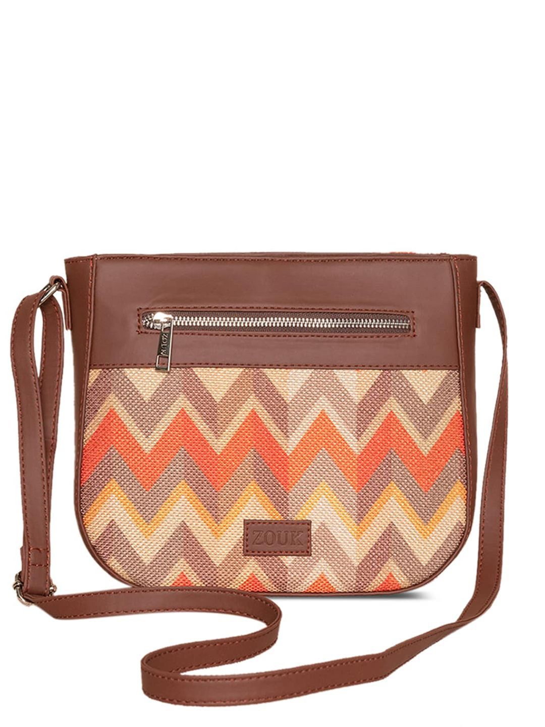 ZOUK Orange Geometric Striped Structured Sling Bag