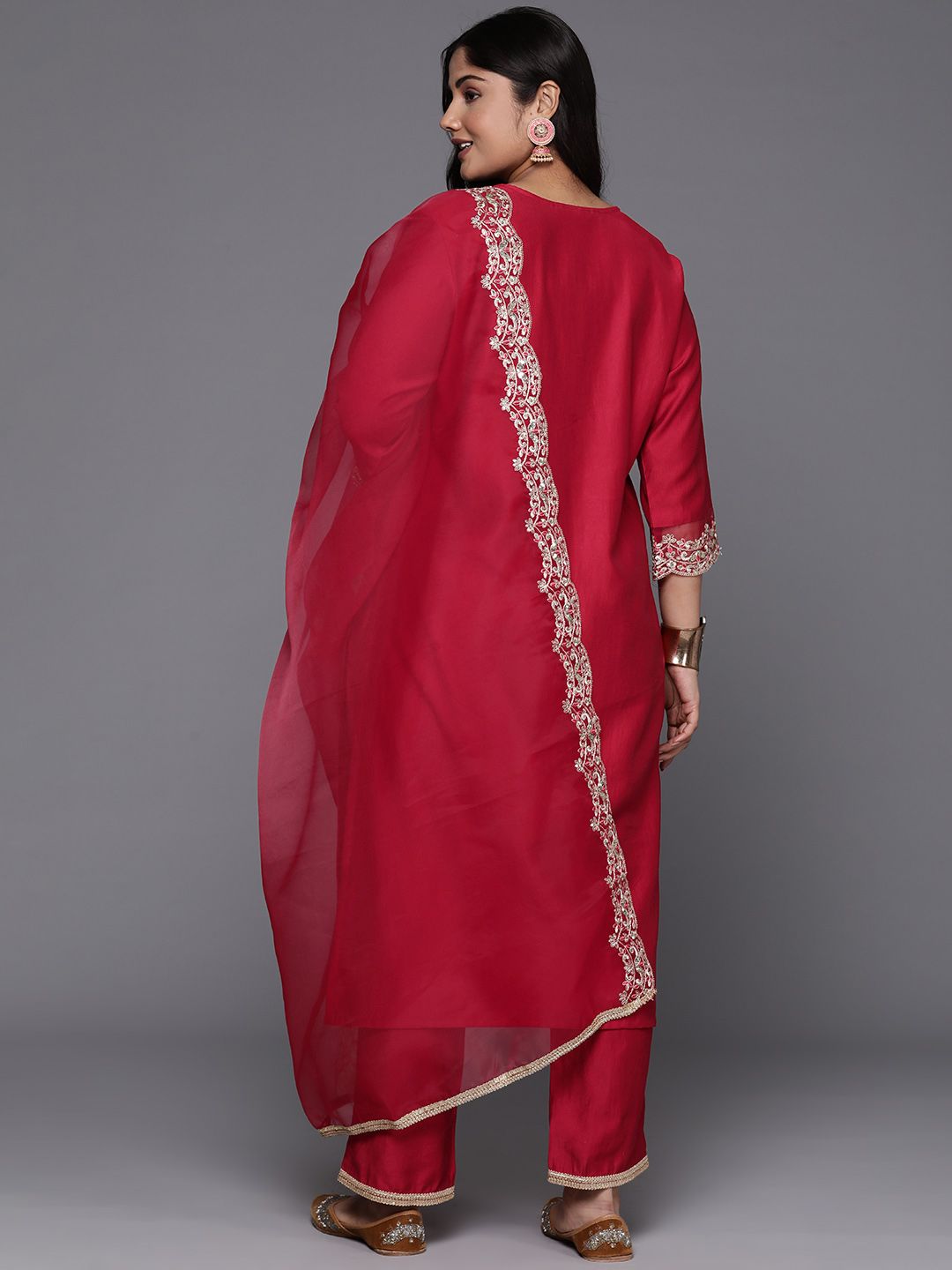 Indo Era Plus Size Ethnic Motifs Embroidered Sequinned Liva Kurta with Trousers & Dupatta