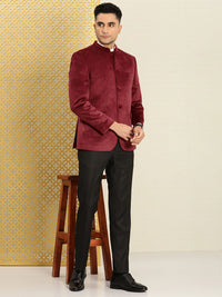 House of Pataudi Self Design Velvet Finish Mandarin Collar Bandhgala Jashn Blazer