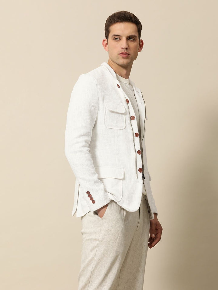 Mr Bowerbird  Pure Cotton Self Design Textured Tailored Fit Casual Blazers