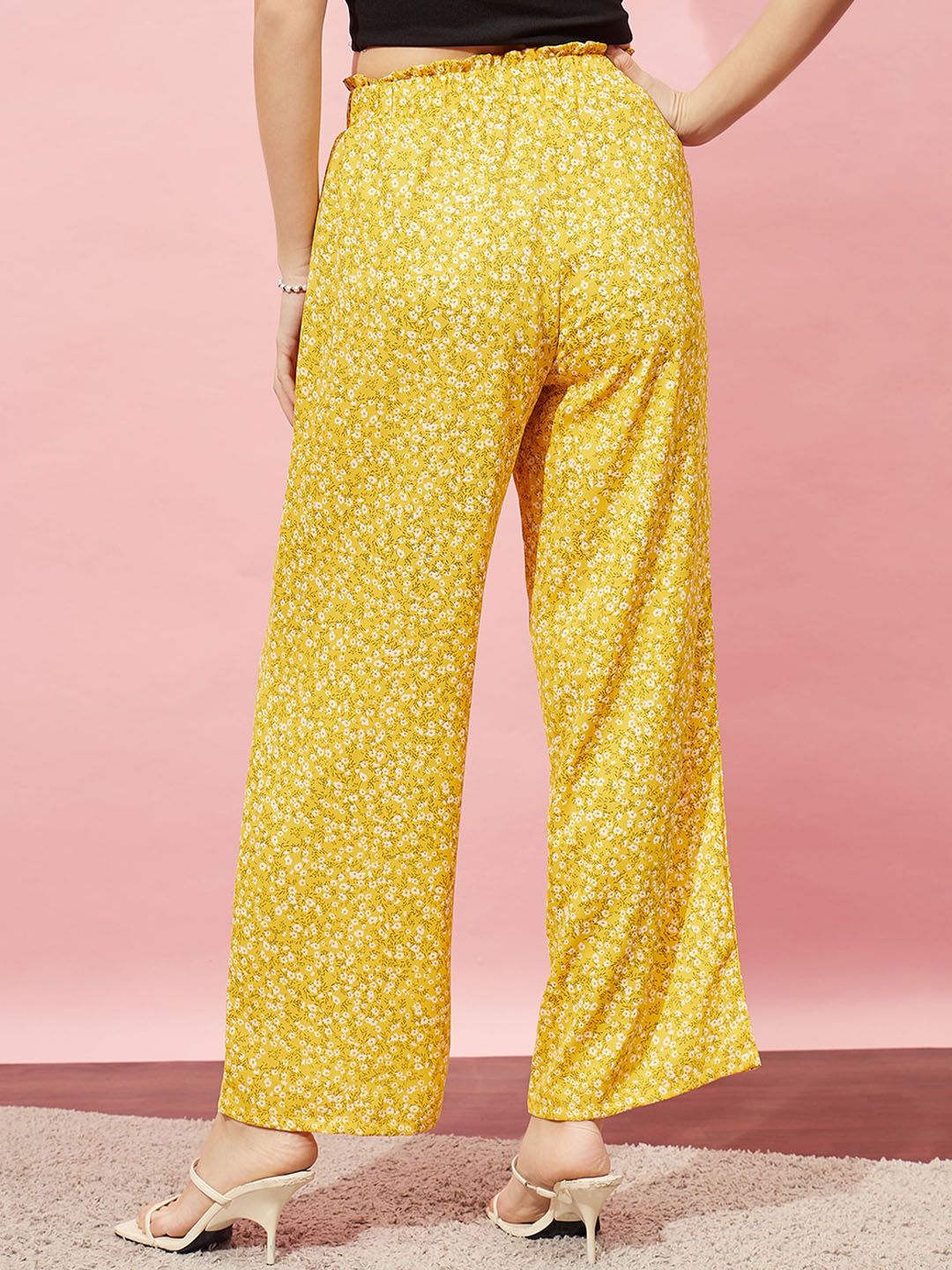 Berrylush Women Yellow Floral Printed Relaxed Straight Leg High-Rise Parallel Trouser