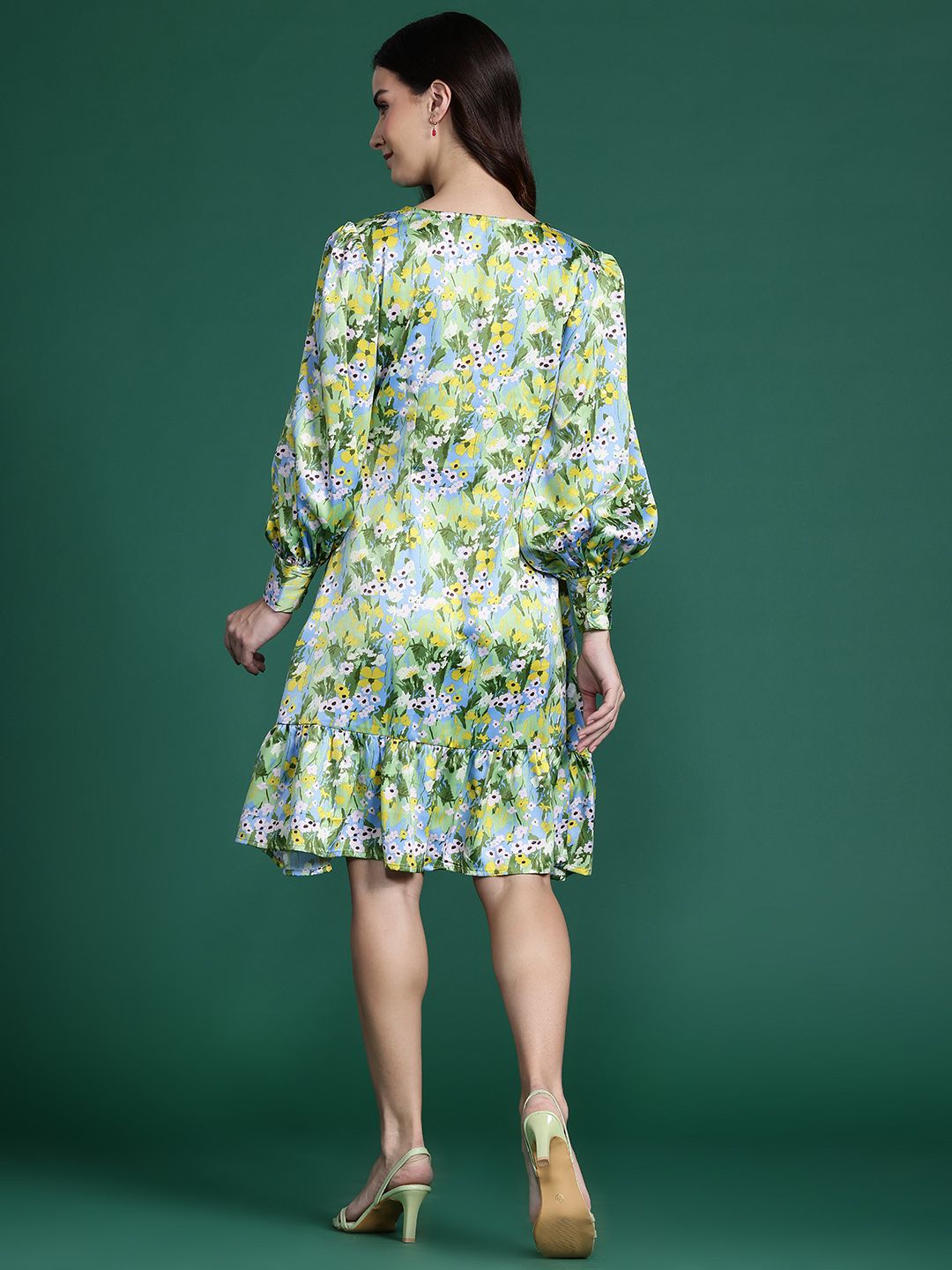 DressBerry Floral Print Bishop Sleeve A-Line Dress