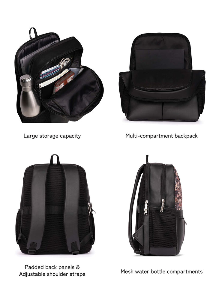 ZOUK  Women Ethnic Printed Vegan Leather Backpack With Compression Straps-Up to 16 inch