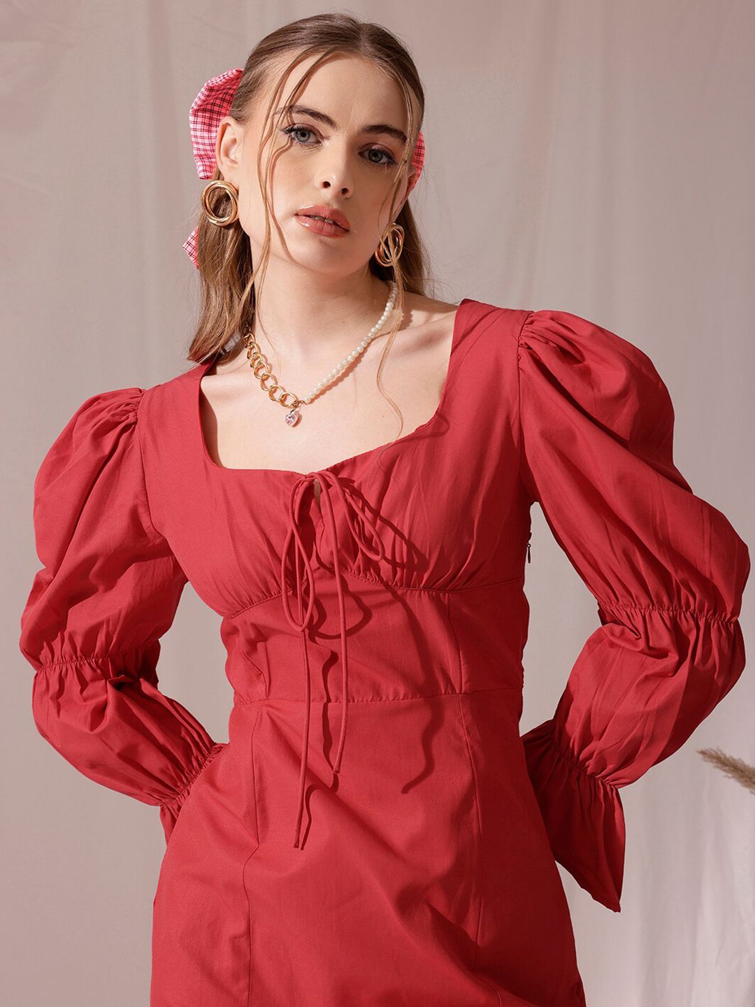 STREET 9 Tie Up Neck Puff Sleeve Pure Cotton Blouson Midi Dress