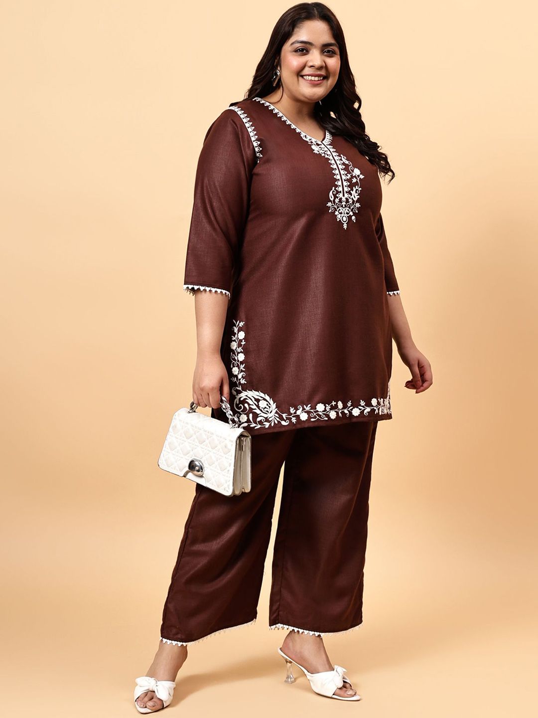 Bani Women Embroidered V Neck Tunic With Flared Palazzos Co-Ords
