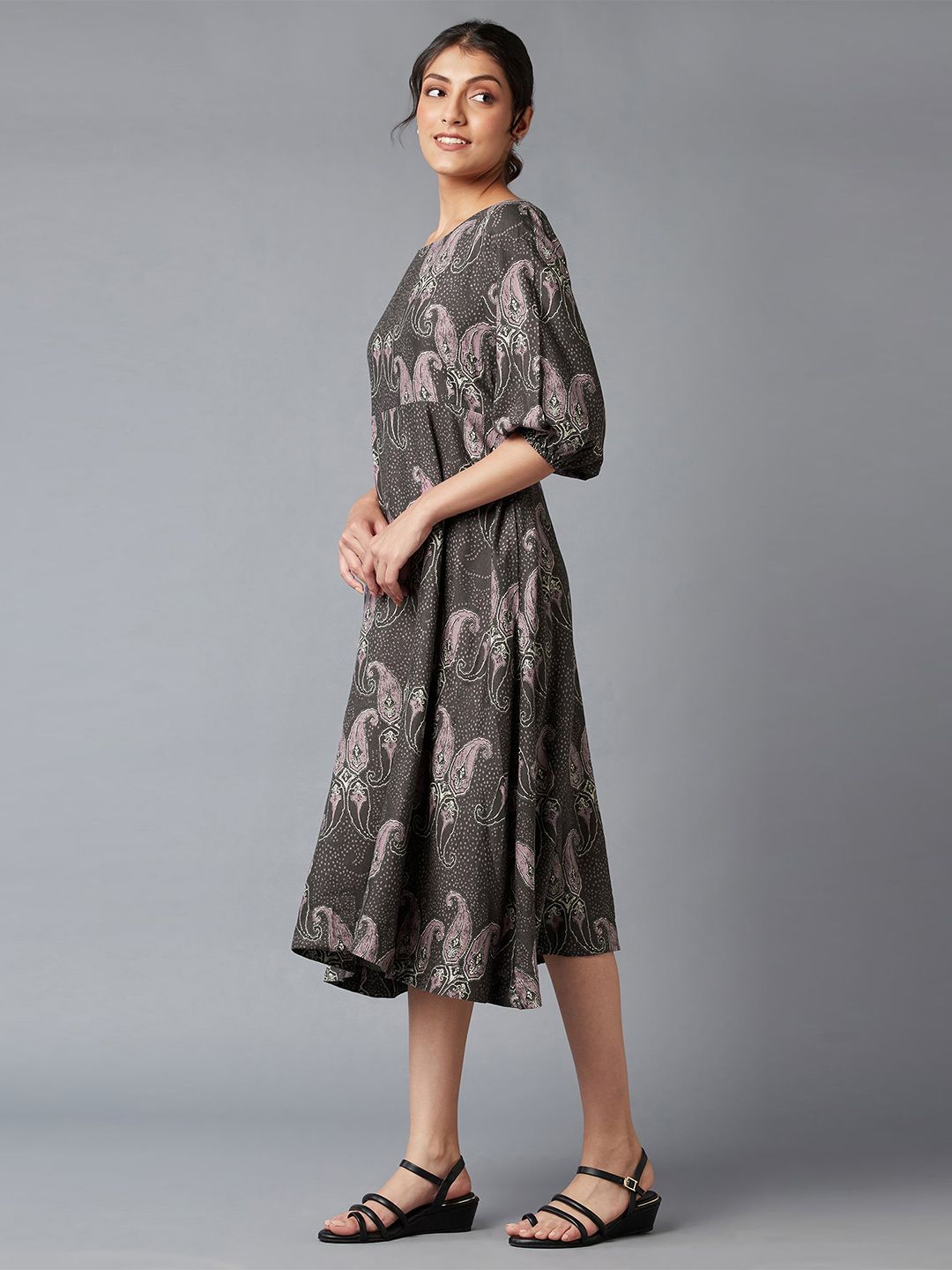 W Brown Ethnic Motifs A-Line Midi Dress
