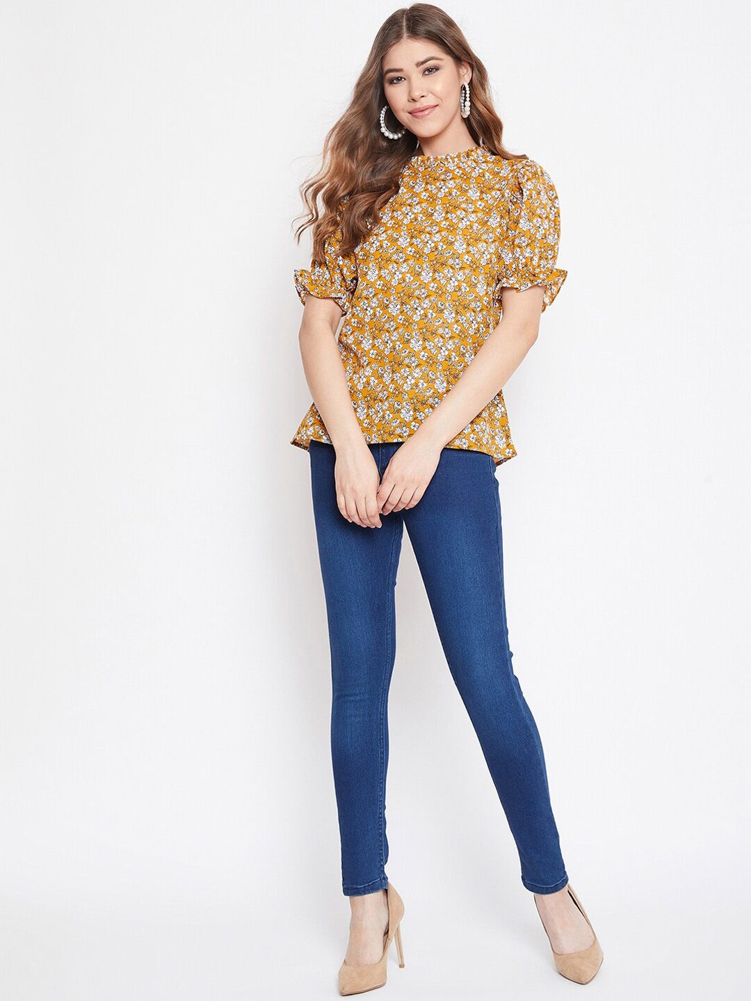 Berrylush Women Mustard Yellow & White Floral Printed Top
