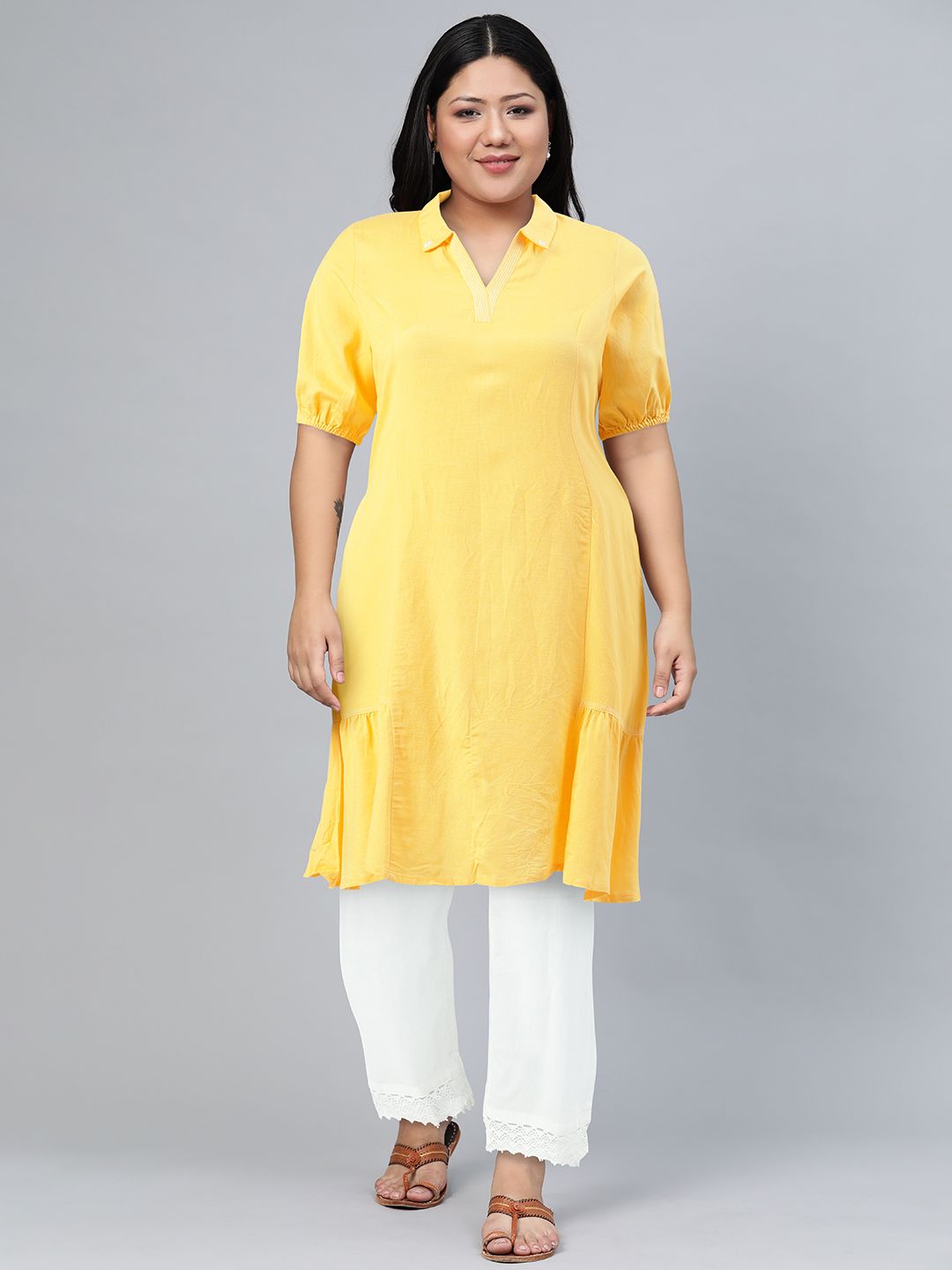 Global Desi Women Yellow Solid A-Line Kurta