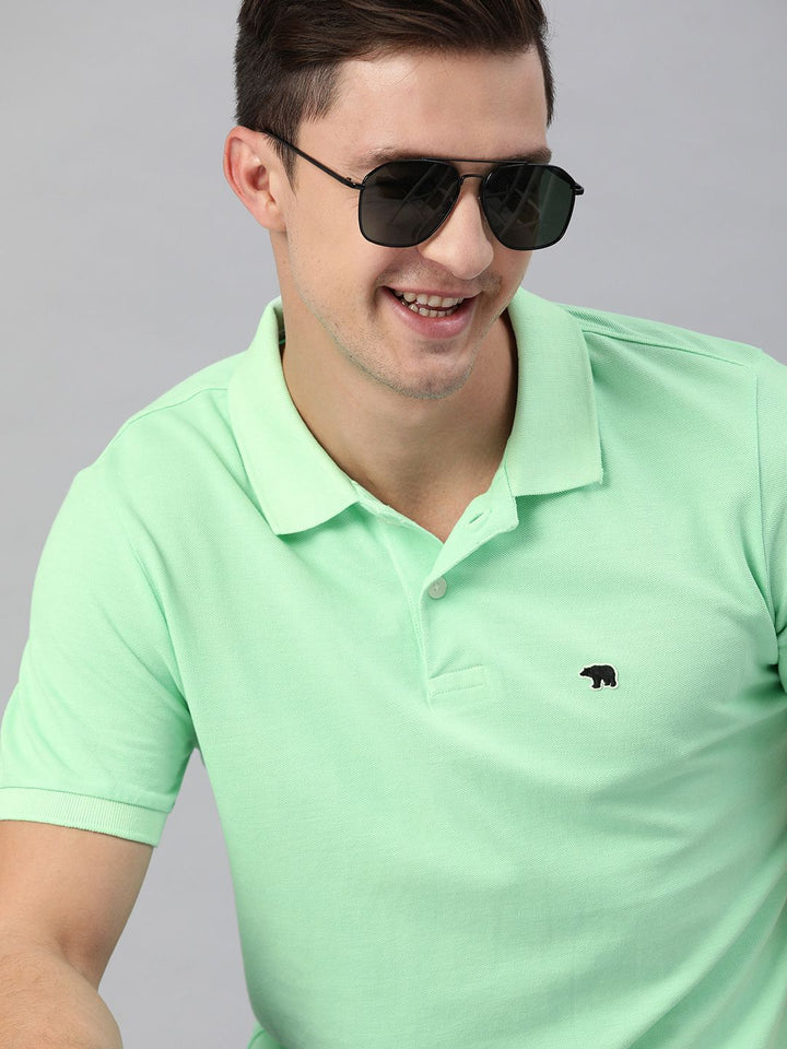 THE BEAR HOUSE Men Green Solid Polo Collar Pure Cotton T-shirt